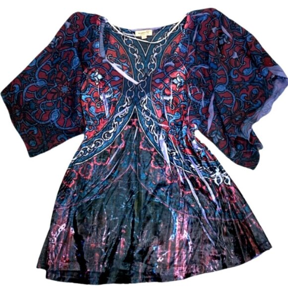 One World BOHO Velvet & Chiffon Kimono Sleeve Tunic Blouse Sz S #303i - Picture 2 of 7